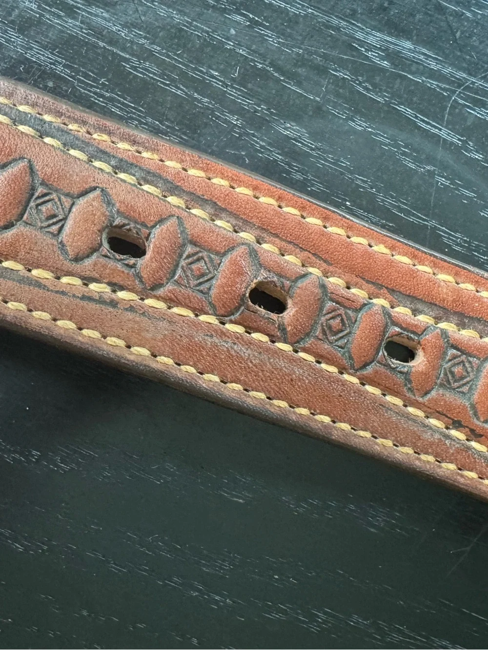 Vintage 1977 Wood Brown Cowhide Leather Men’s Belt with Ship Laser Craft Size 32